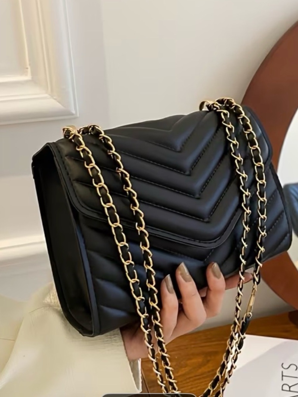 Black Quilted Shoulder Bag with Gold Chain Strap